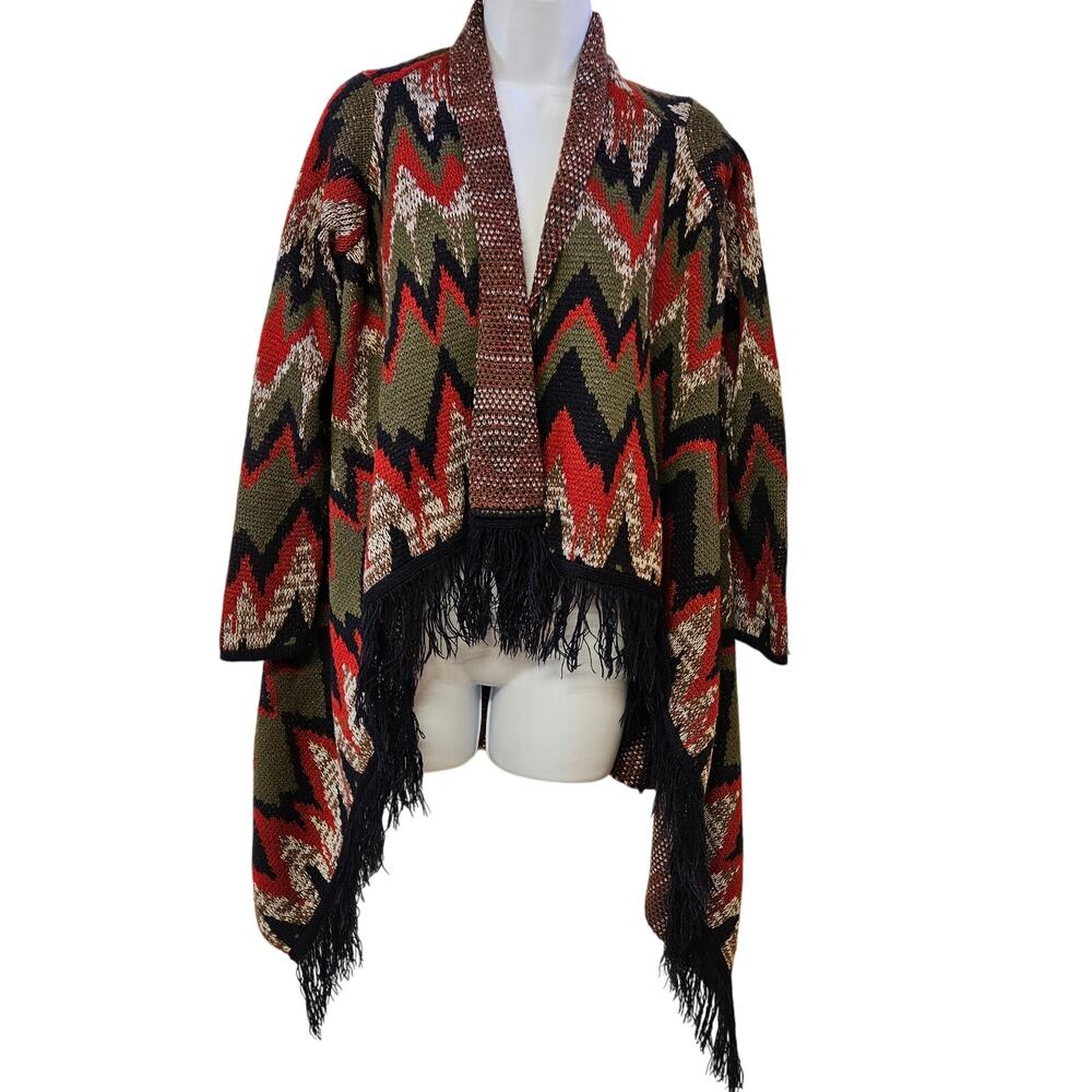 Cato Open Front Knit Sweater Women's Size S Fringe‎ Aztec Boho Western